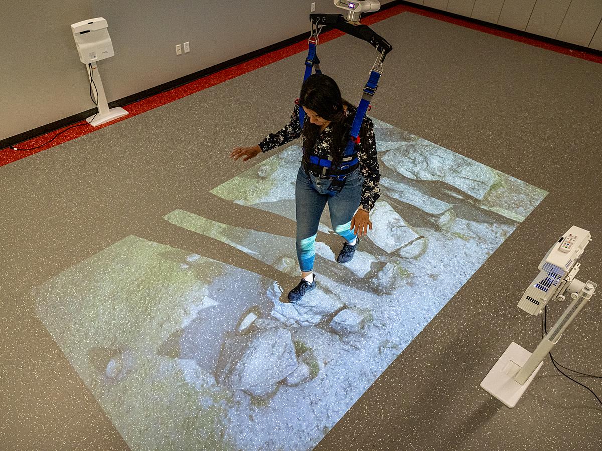 A woman performing a mobility and balance test